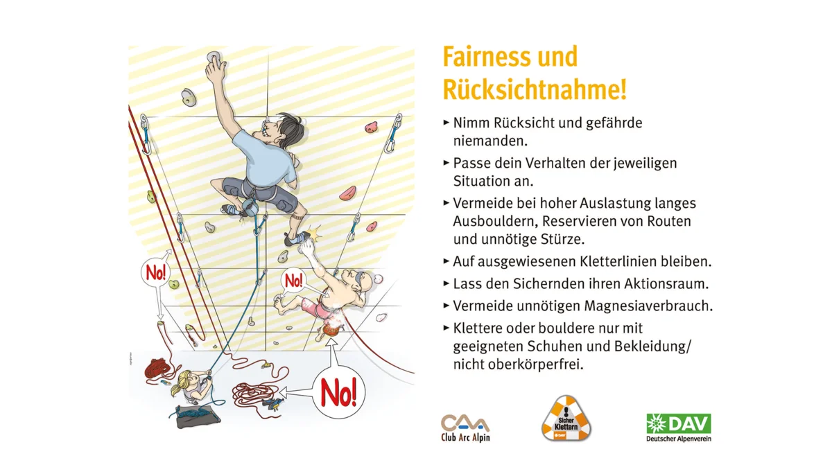 Hallenregeln für Klettern vom DAV. | © DAV Hallenregeln für Klettern vom DAV. Regel Nummer zwei: Fairness und Rücksichtnahme | © DAV