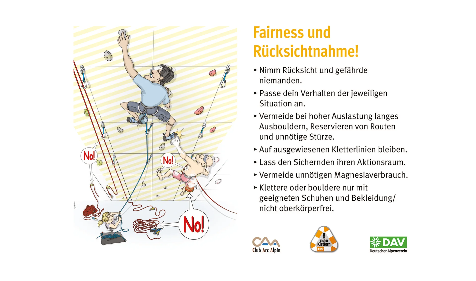 Hallenregeln für Klettern vom DAV. | © DAV Hallenregeln für Klettern vom DAV. Regel Nummer zwei: Fairness und Rücksichtnahme | © DAV