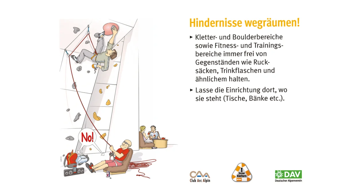 Hallenregeln für Klettern vom DAV. | © DAV Hallenregeln für Klettern vom DAV. Regel Nummer drei: Gefahrenraum | © DAV