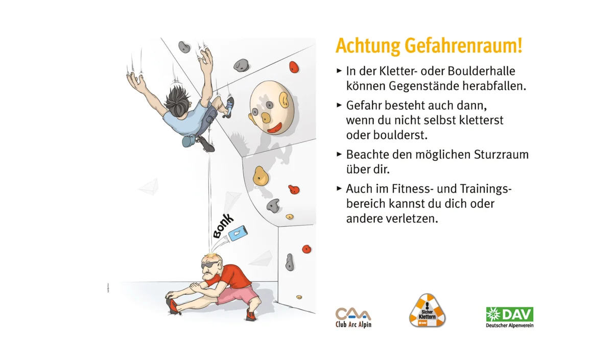 Hallenregeln für Klettern vom DAV. | © DAV Hallenregeln für Klettern vom DAV. Regel Nummer vier: Hindernisse wegräumen | © DAV
