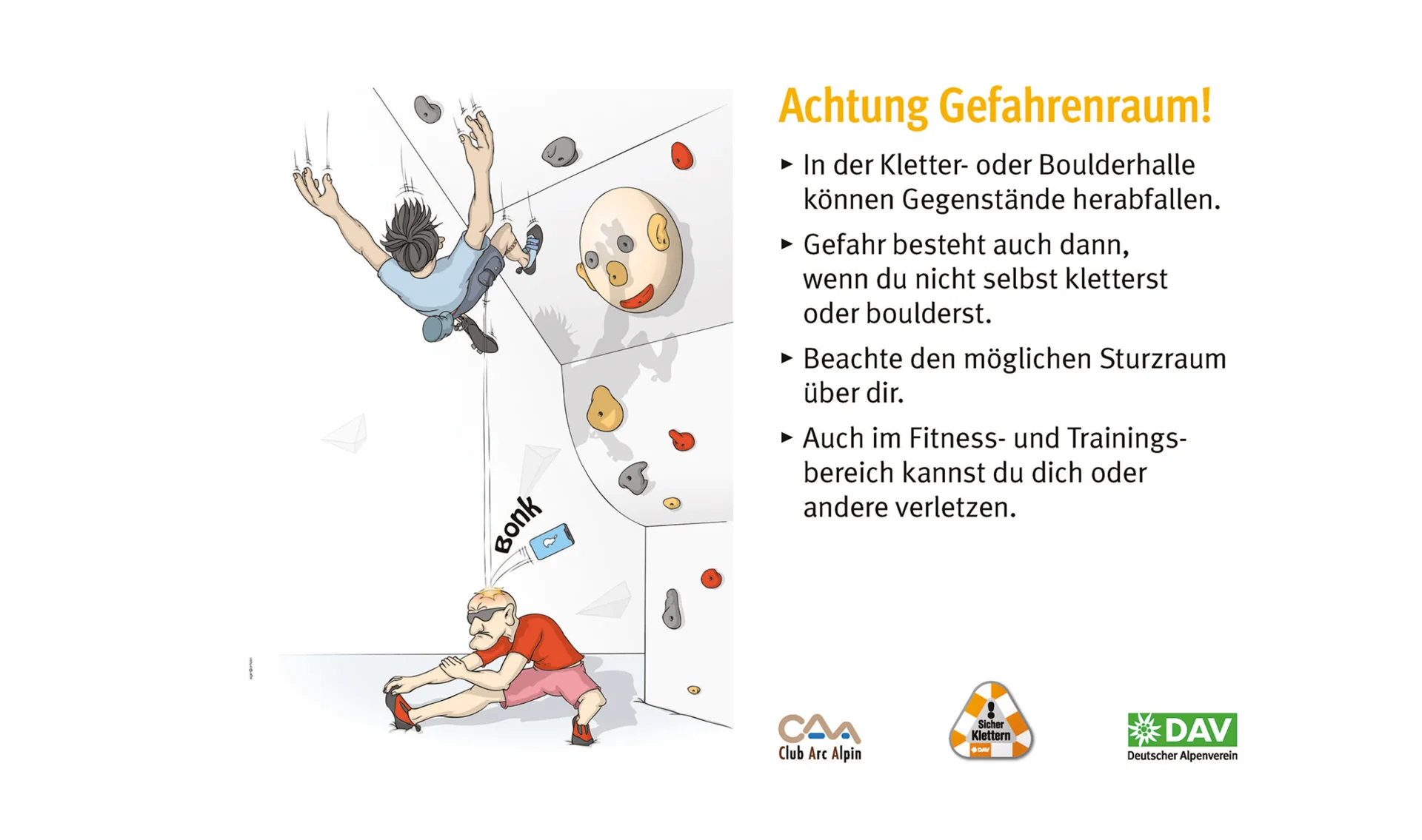 Hallenregeln für Klettern vom DAV. | © DAV Hallenregeln für Klettern vom DAV. Regel Nummer vier: Hindernisse wegräumen | © DAV