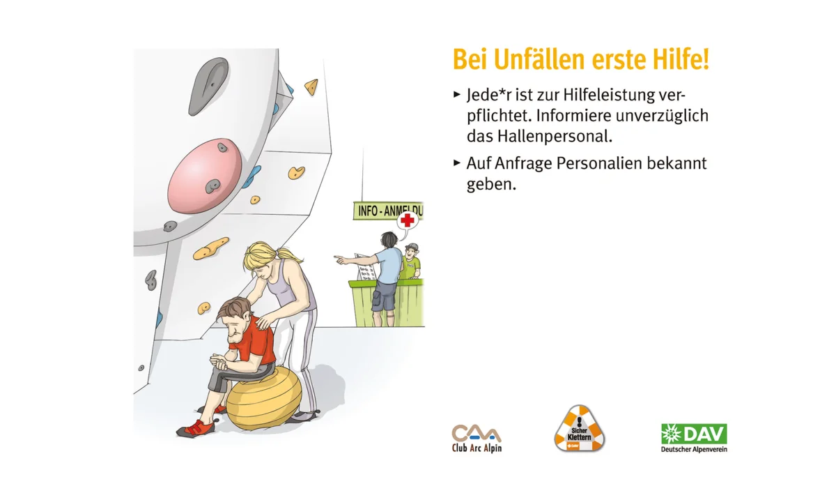 Hallenregeln für Klettern vom DAV. | © DAV Hallenregeln für Klettern vom DAV. Regel Nummer fünf: Bei Unfällen helfen | © DAV