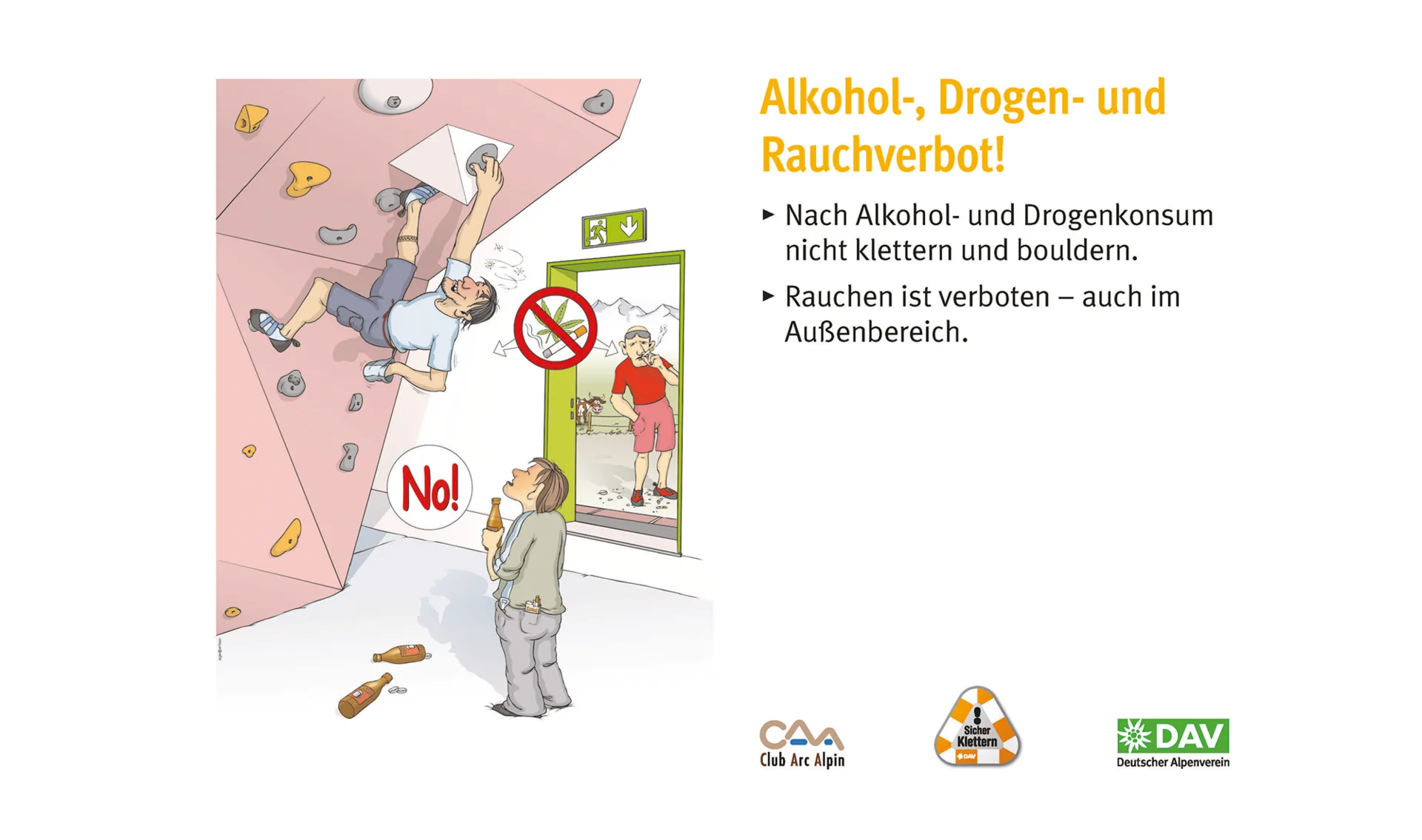 Hallenregeln für Klettern vom DAV. | © DAV Hallenregeln für Klettern vom DAV. Regel Nummer sechs: Beschädigungen melden | © DAV
