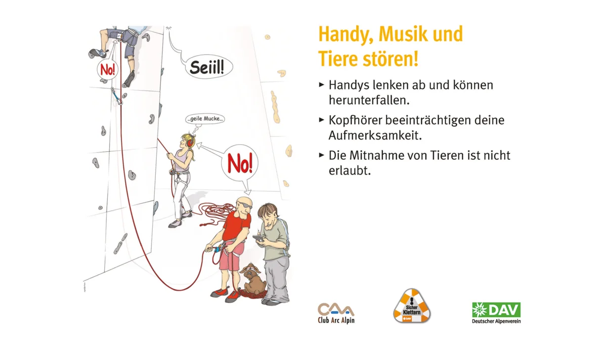 Hallenregeln für Klettern vom DAV. | © DAV Hallenregeln für Klettern vom DAV. Regel Nummer sieben: Die Kletterhalle i kein Spielplatz | © DAV