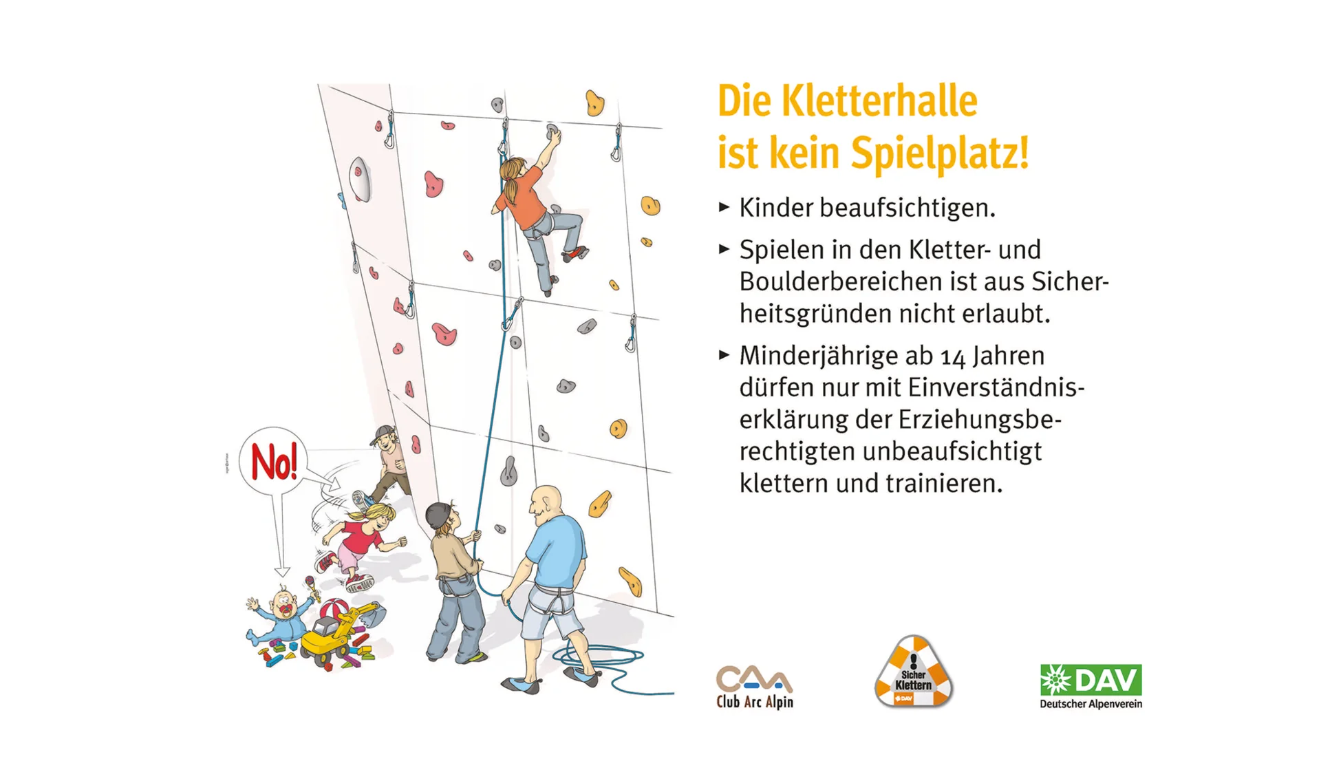 Hallenregeln für Klettern vom DAV. | © DAV Hallenregeln für Klettern vom DAV. Regel Nummer acht: Gefahr durch Schmuck und lange Haare | © DAV