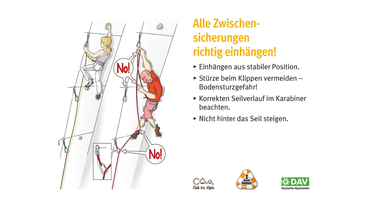 Kletter-Regeln: Sicher an der Kletterwand | © DAV Kletterregel Nummer sechs: Alle Zwischensicherungen richtig einhängen | © DAV